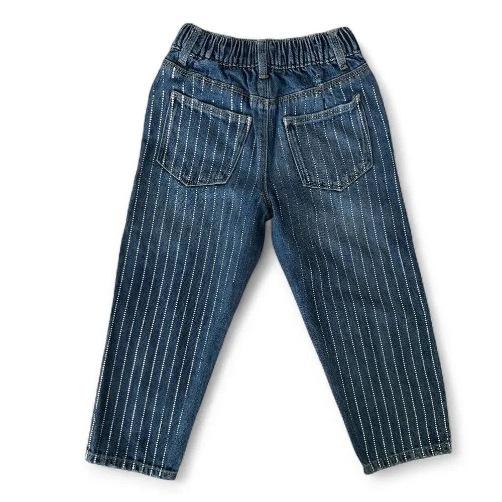 ZARA Baby Girl Blue Jeans Bling Embellished Dot Stripes Size 3-4 Years